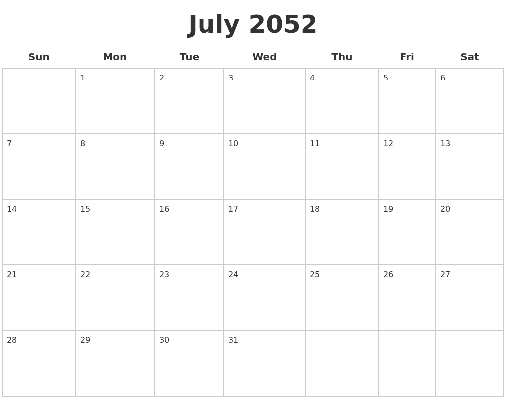 July 2052 Blank Calendar Pages