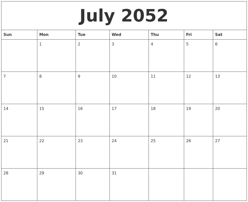 July 2052 Blank Calendar To Print