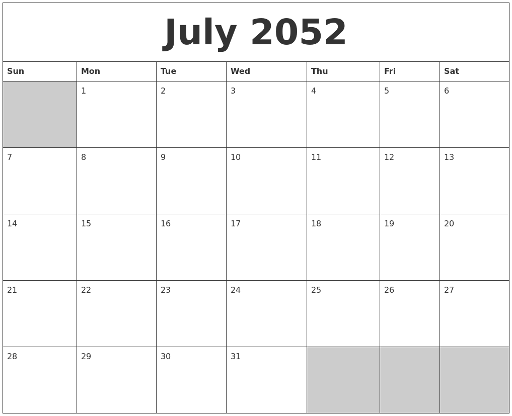 July 2052 Blank Printable Calendar