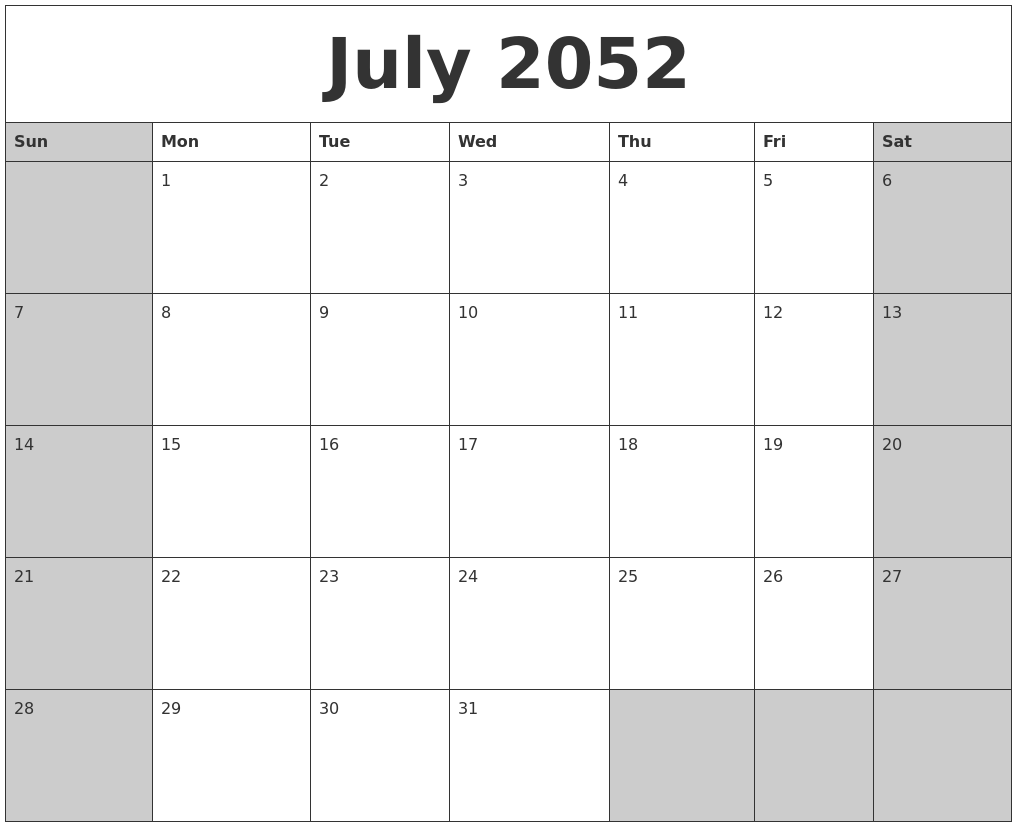 July 2052 Calanders