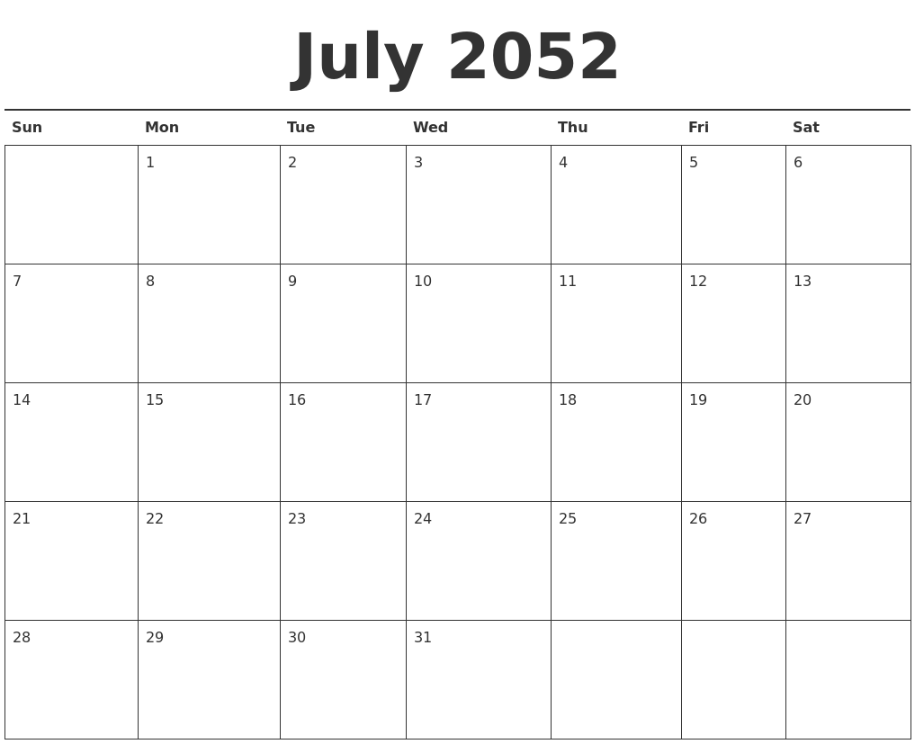 December 2052 Printable Monthly Calendar