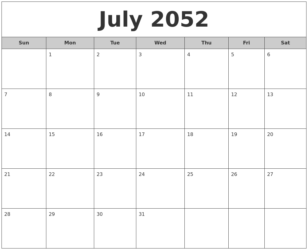 July 2052 Free Monthly Calendar