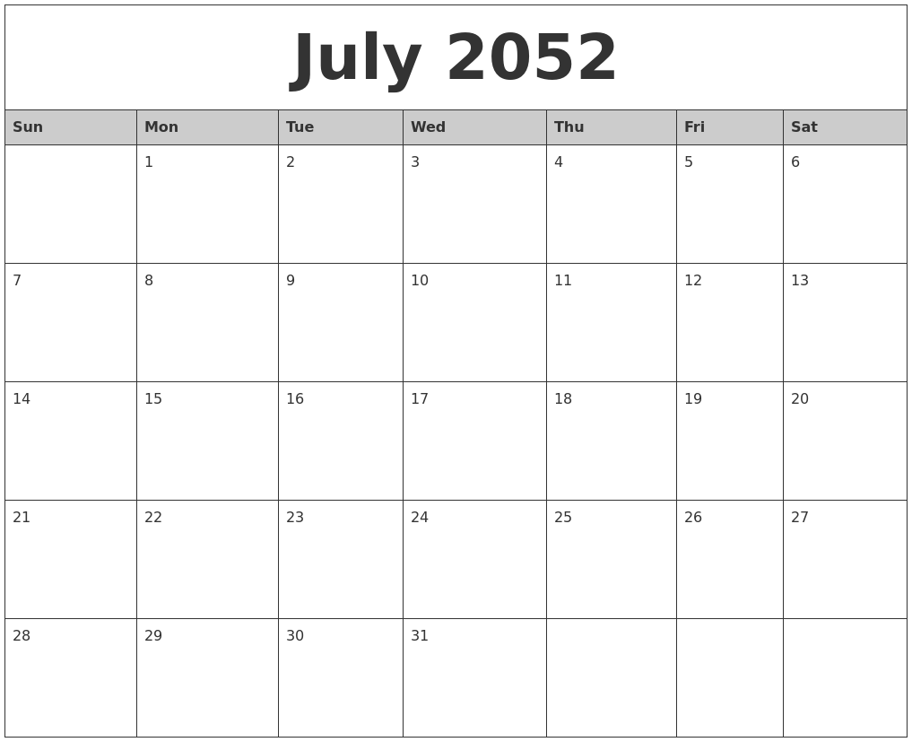 July 2052 Monthly Calendar Printable