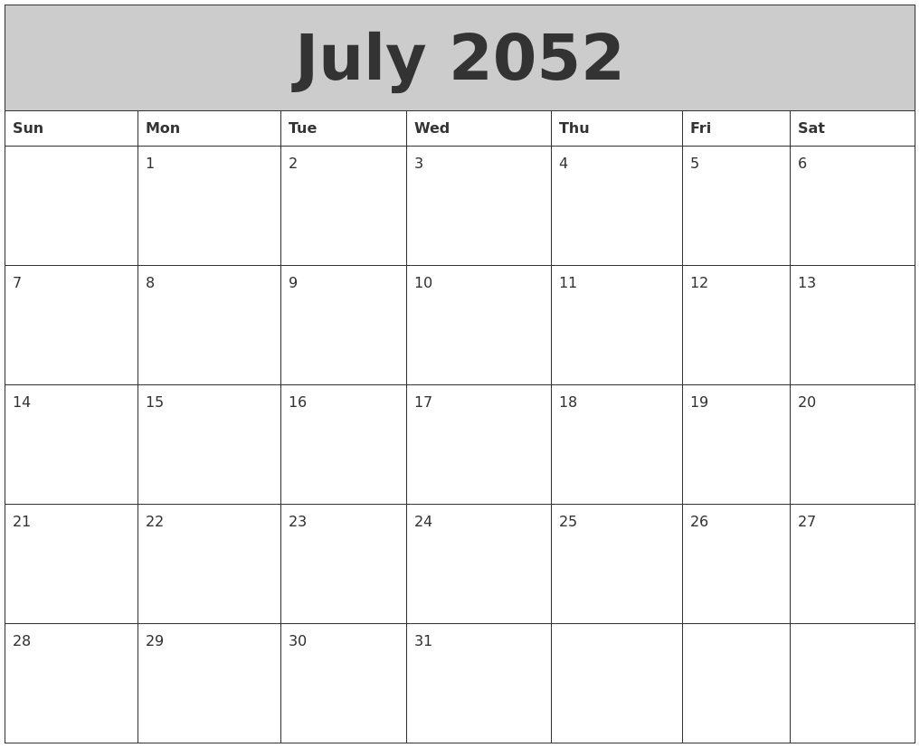 July 2052 My Calendar