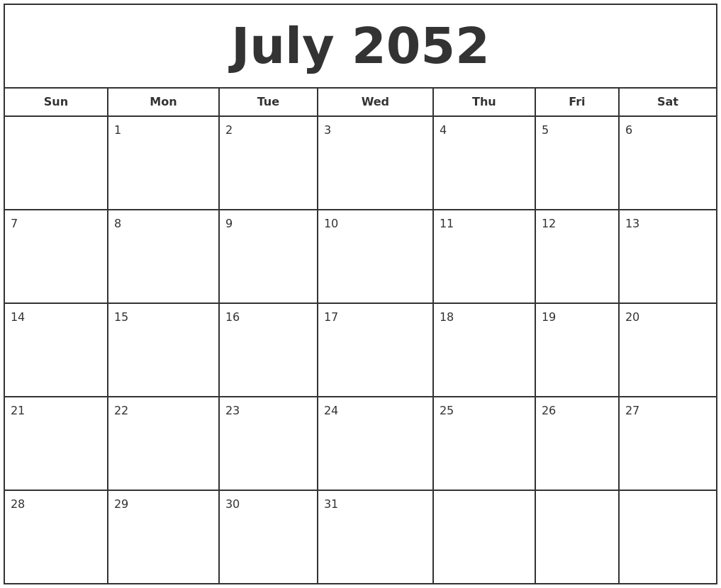 July 2052 Print Free Calendar