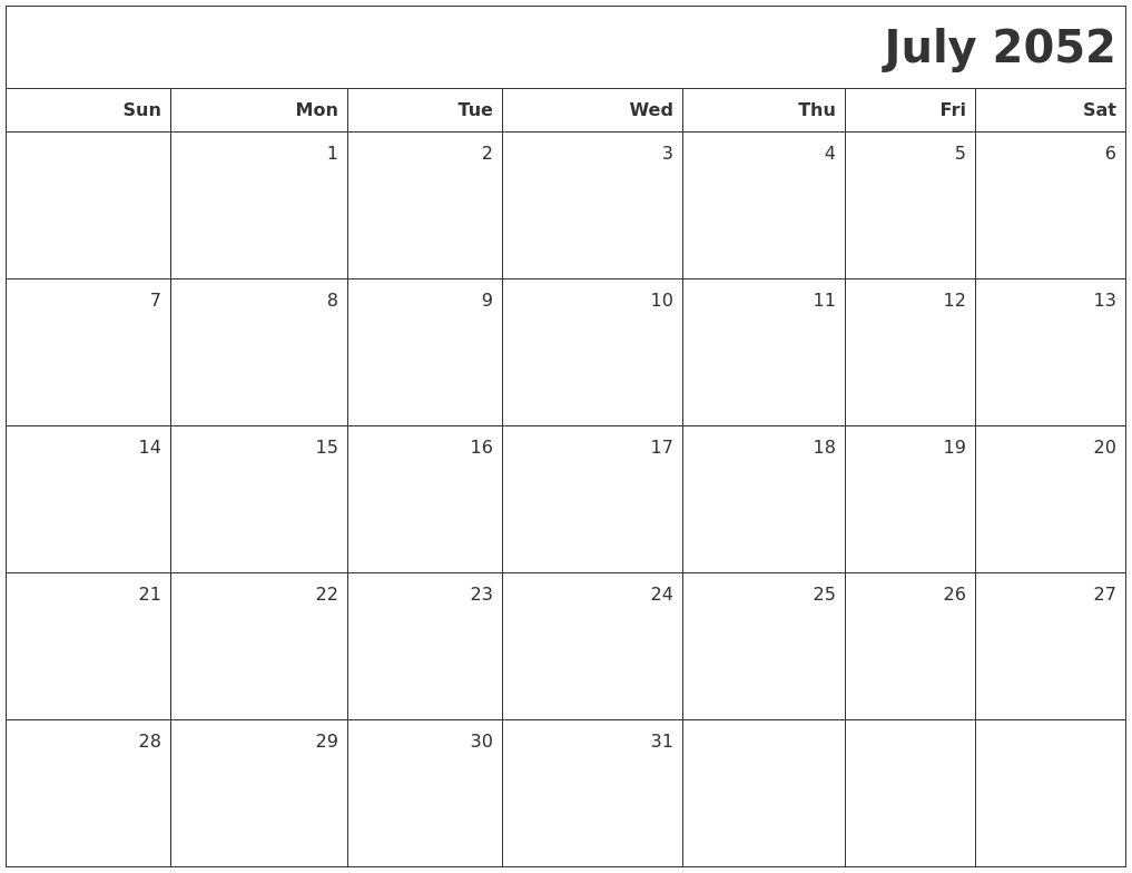 July 2052 Printable Blank Calendar