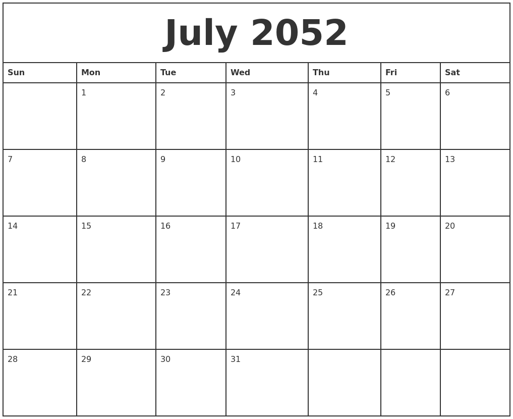 July 2052 Printable Monthly Calendar