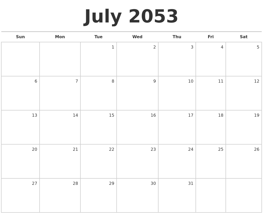 July 2053 Blank Monthly Calendar