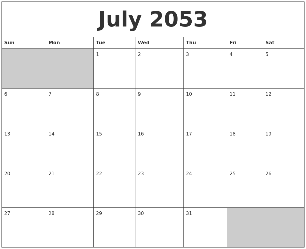 July 2053 Blank Printable Calendar