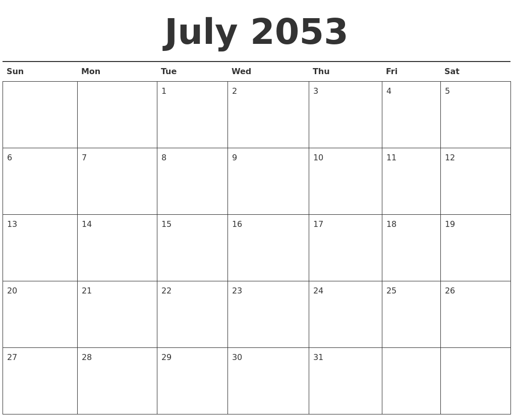 July 2053 Calendar Printable