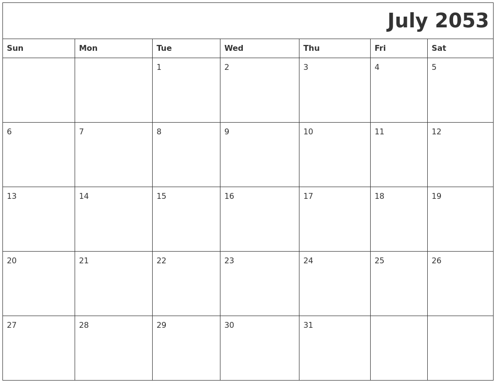 July 2053 Printable Calender