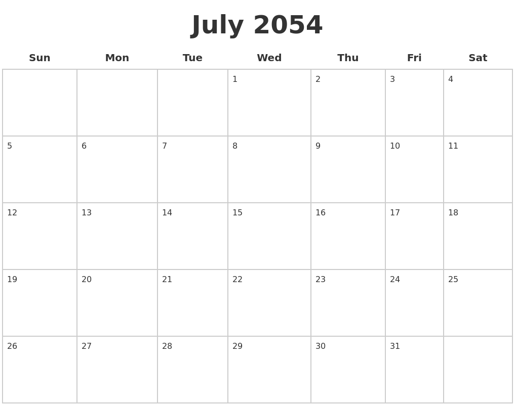 July 2054 Blank Calendar Pages