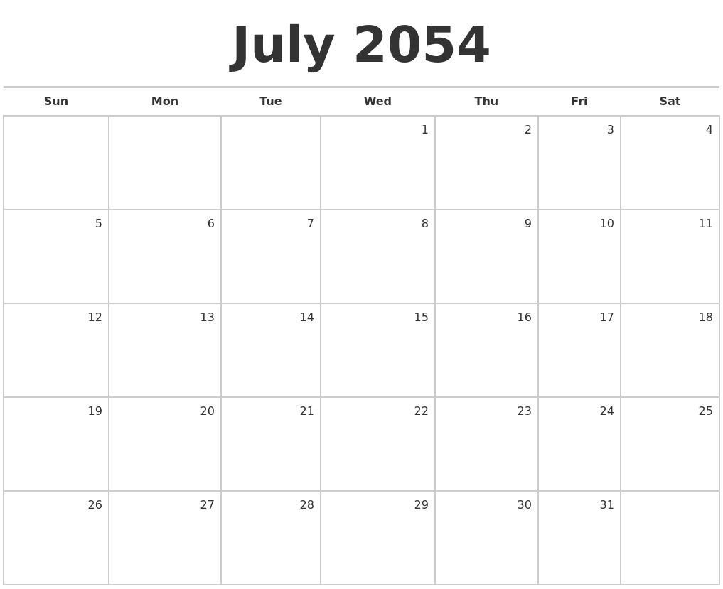 July 2054 Blank Monthly Calendar