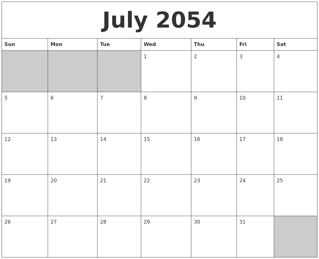 July 2054 Blank Printable Calendar