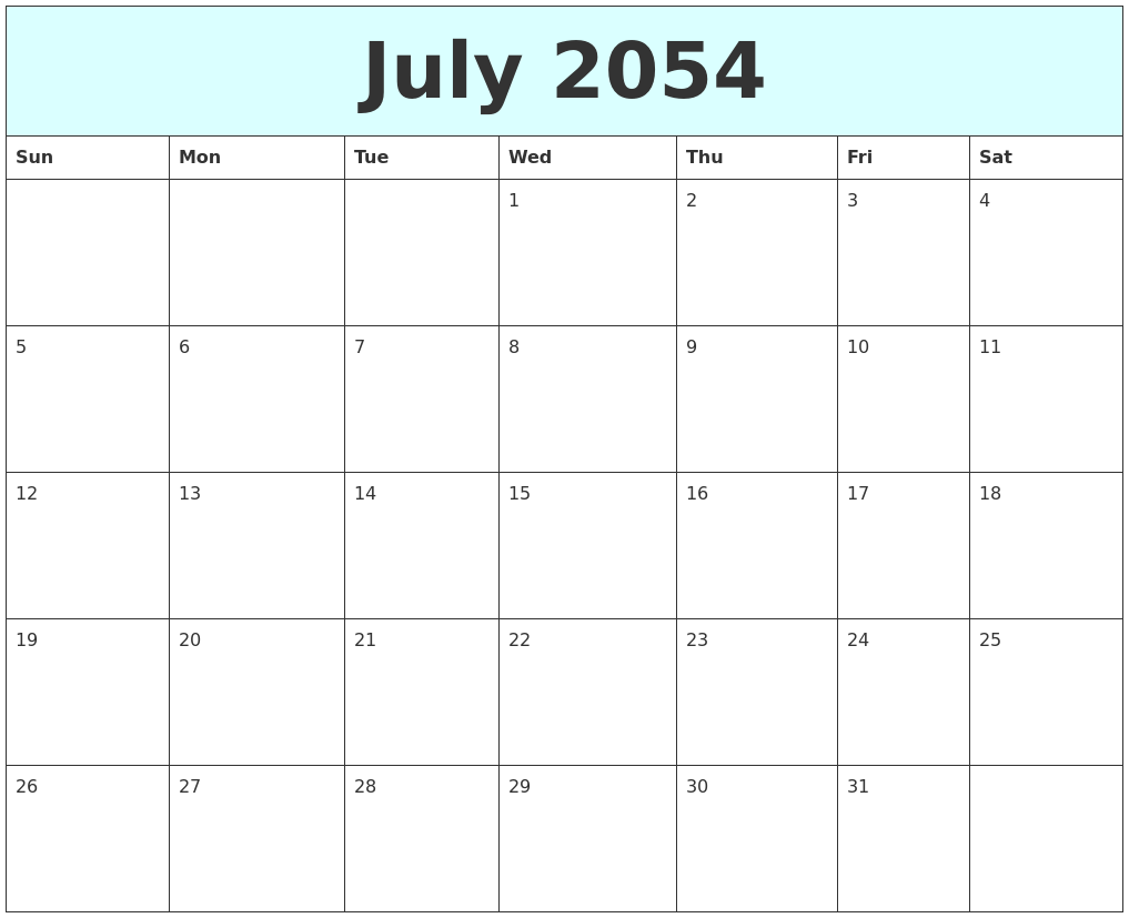 July 2054 Free Calendar