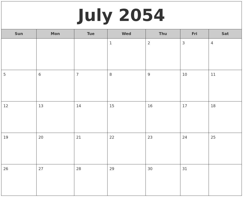 July 2054 Free Monthly Calendar