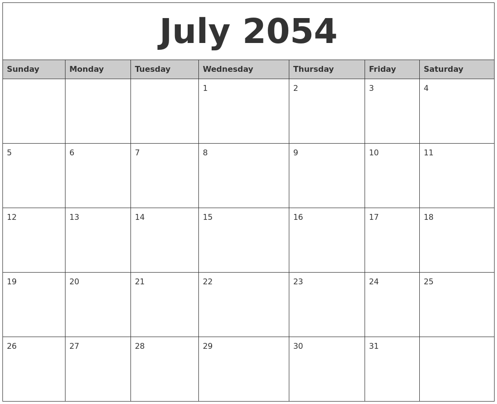 July 2054 Monthly Calendar Printable