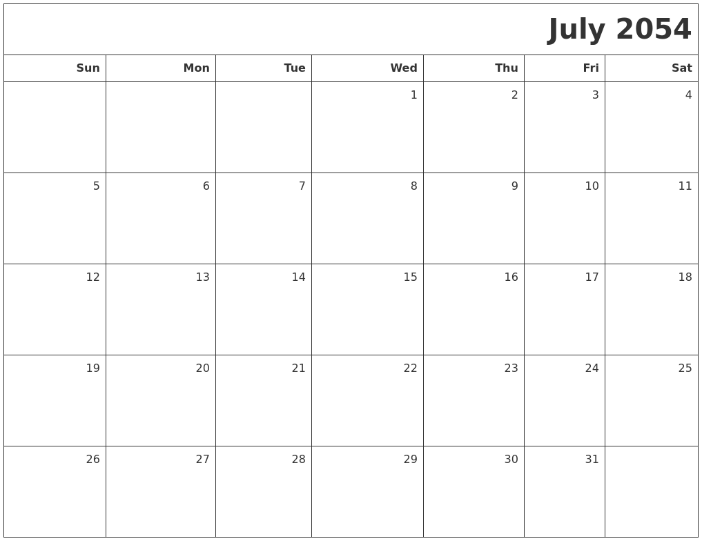 July 2054 Printable Blank Calendar