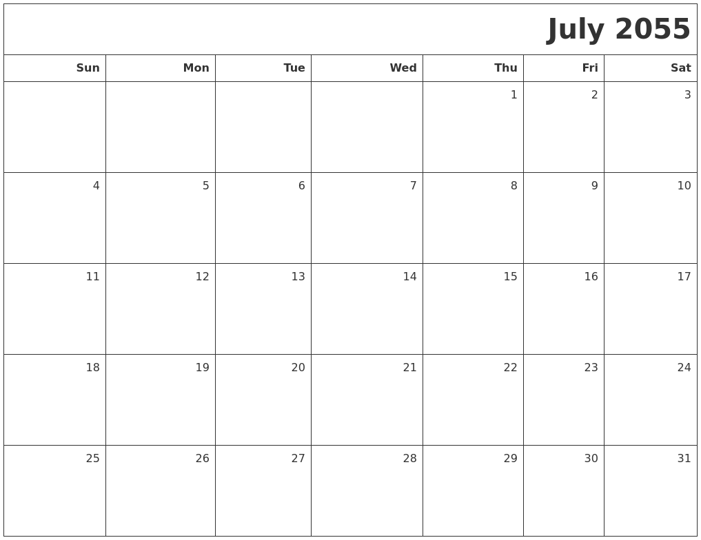 July 2055 Printable Blank Calendar