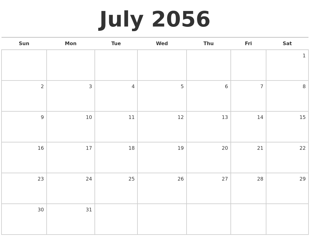 July 2056 Blank Monthly Calendar