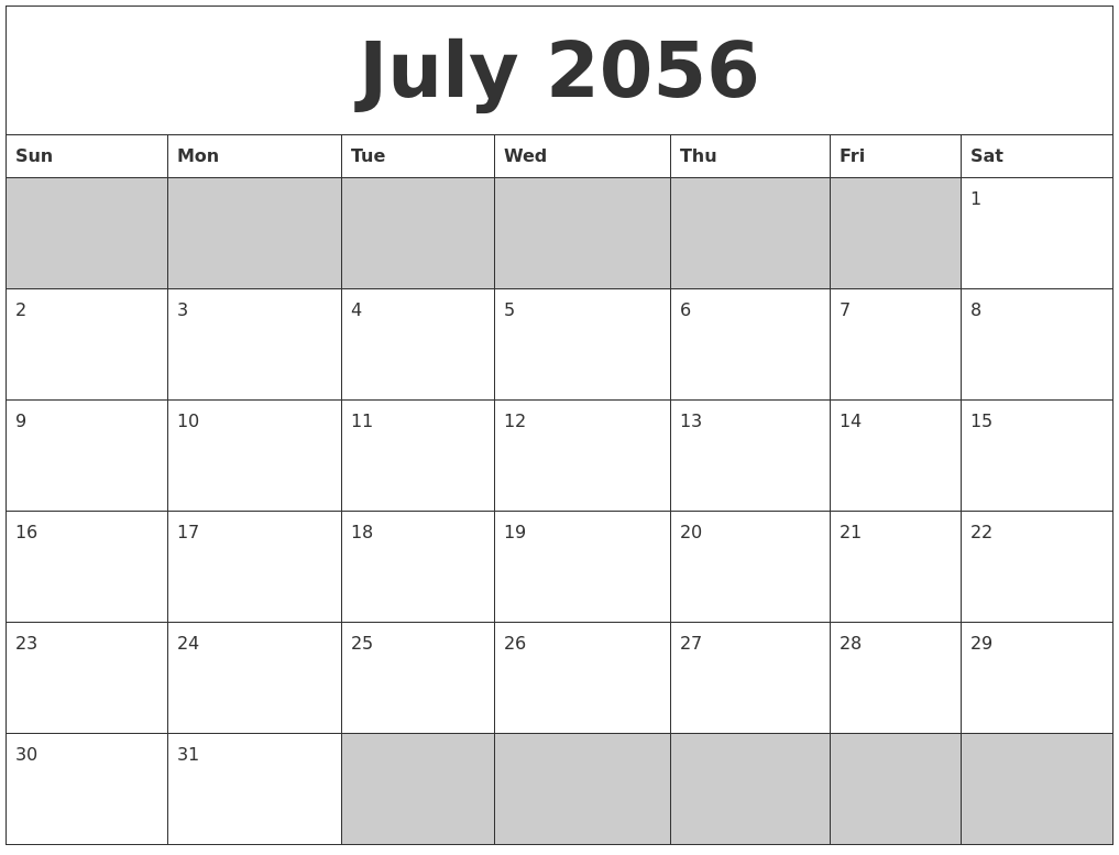 July 2056 Blank Printable Calendar