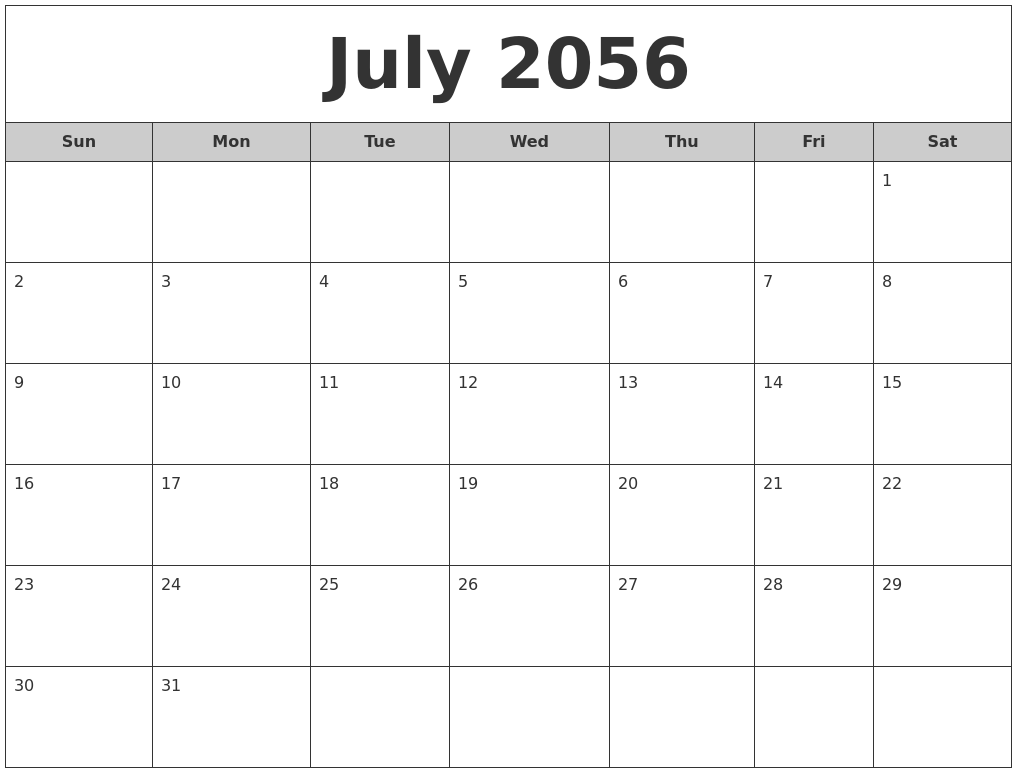 July 2056 Free Monthly Calendar