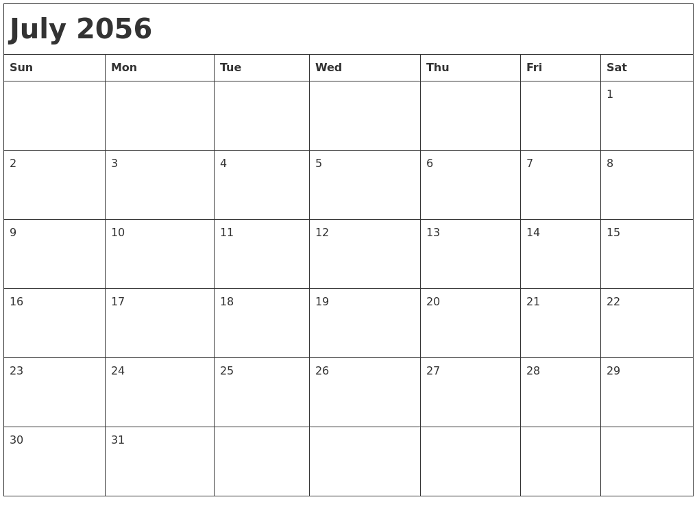 July 2056 Month Calendar