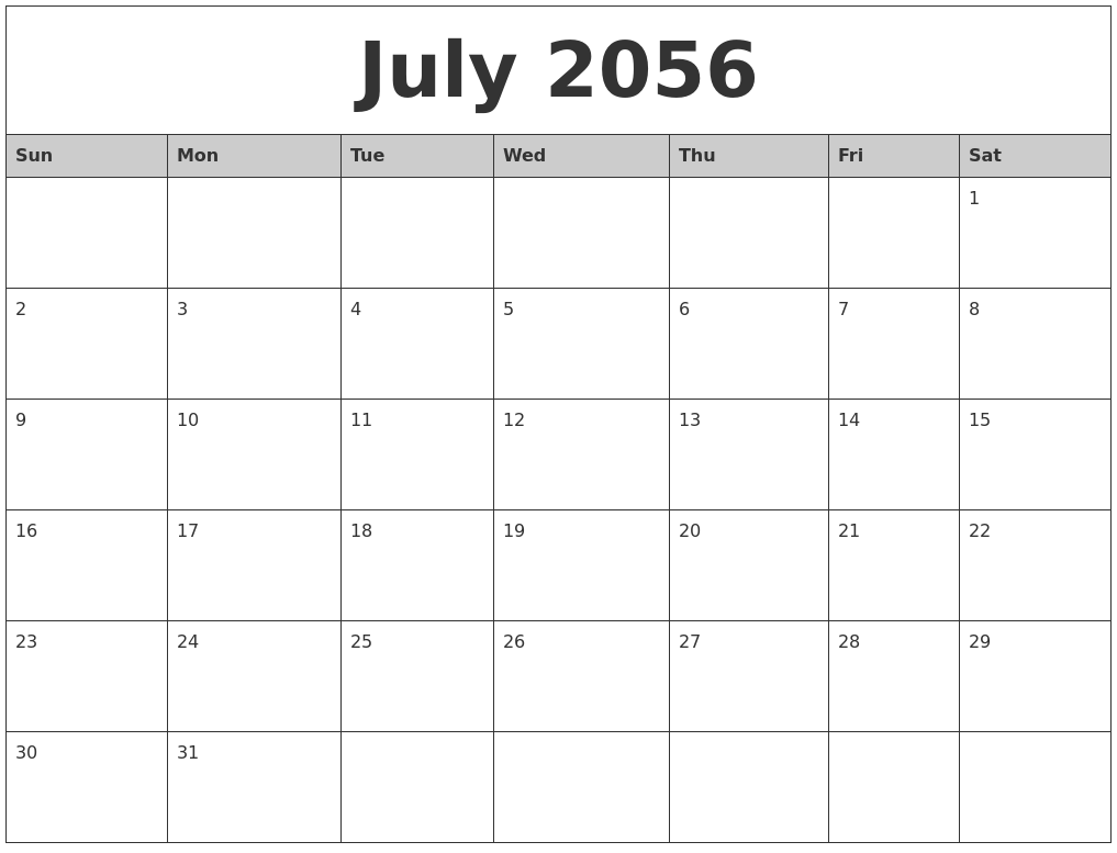 July 2056 Monthly Calendar Printable