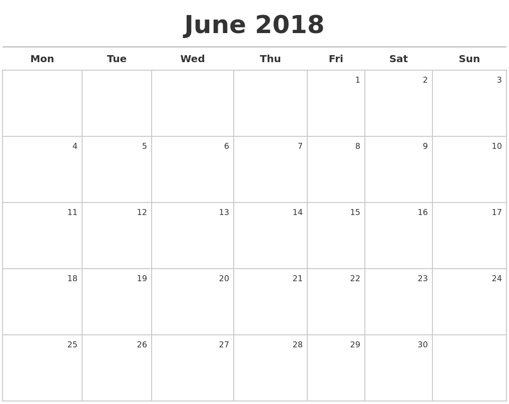 June 2018 Calendar Maker