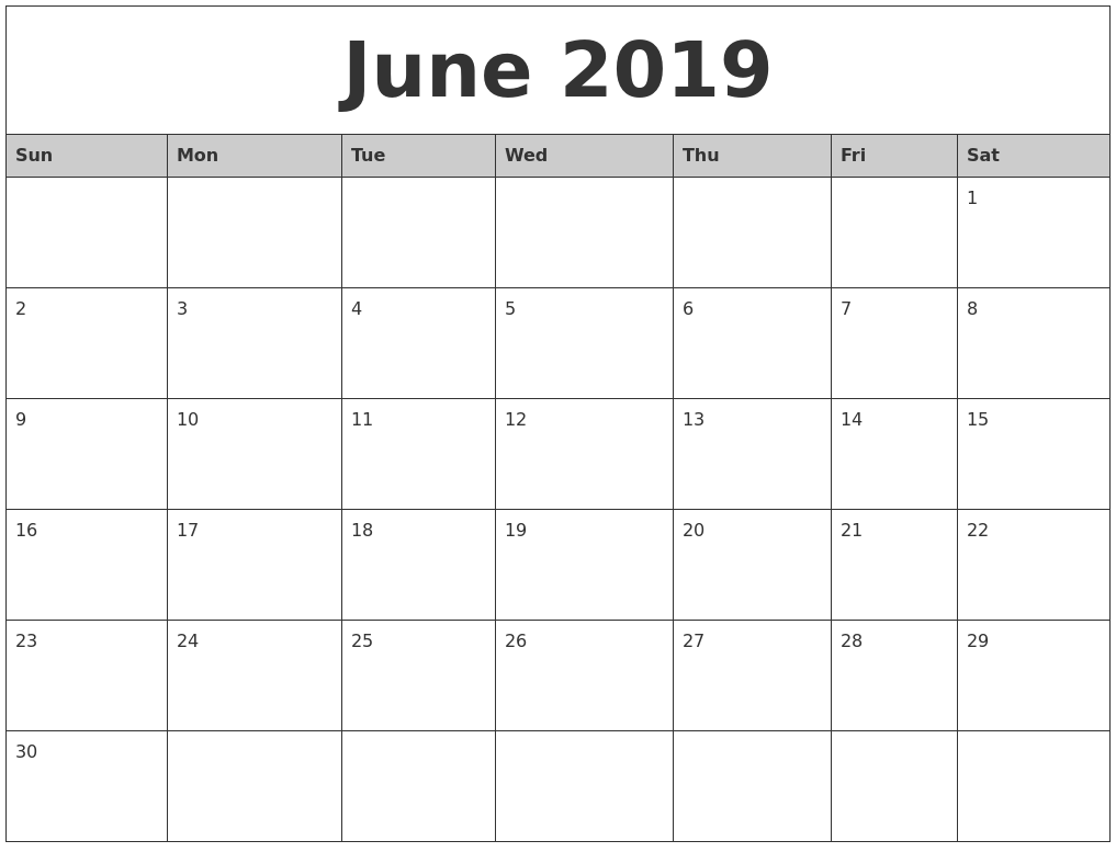 June 2019 Monthly Calendar Printable