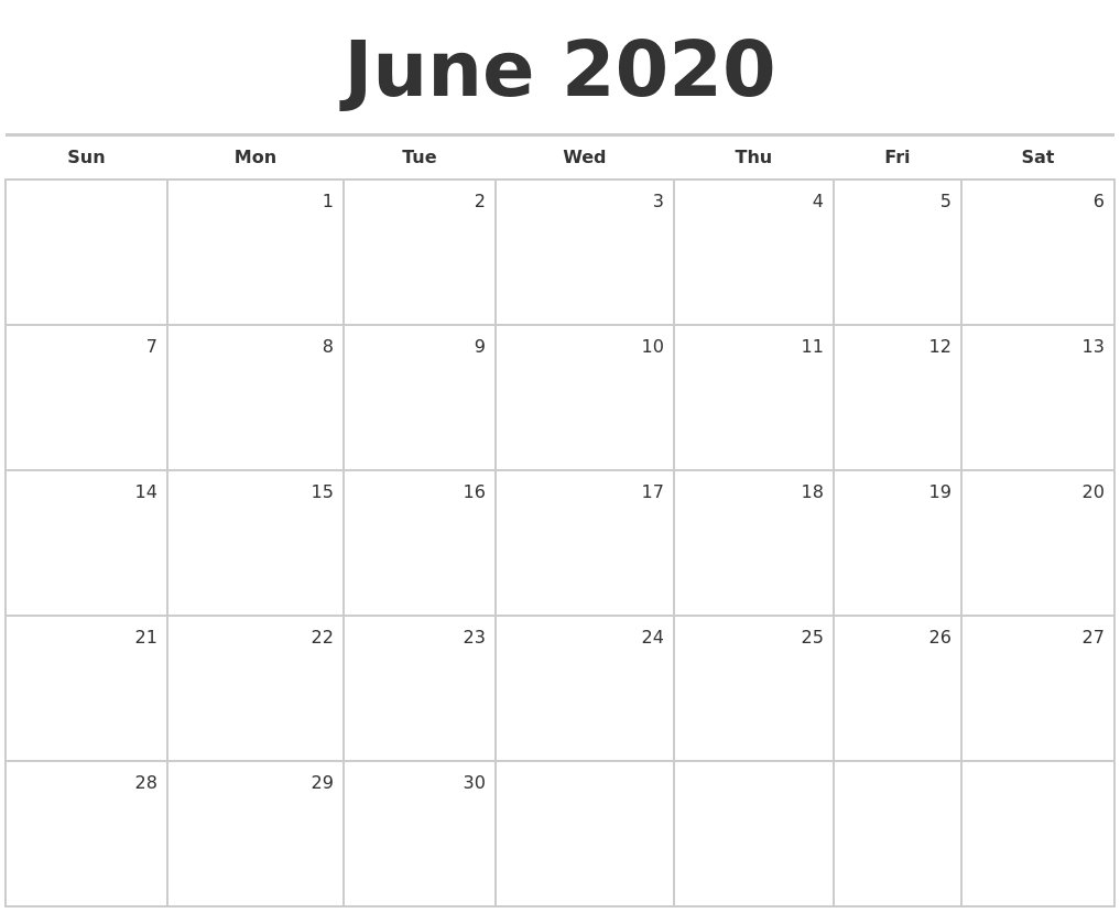 June 2020 Blank Monthly Calendar