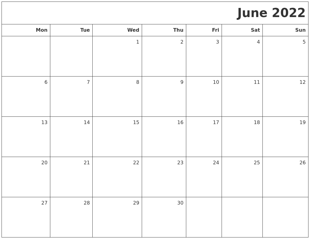 June 2022 Printable Blank Calendar