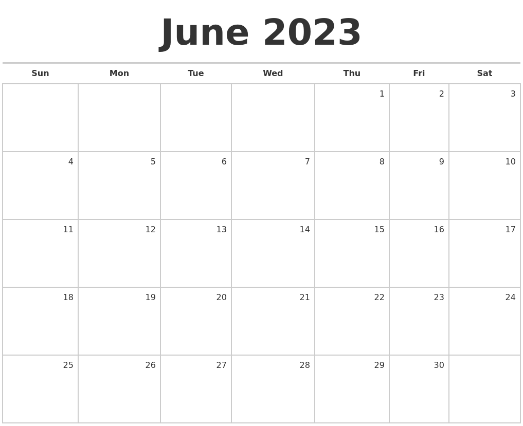 Free Printable Blank June 2023 Calendar