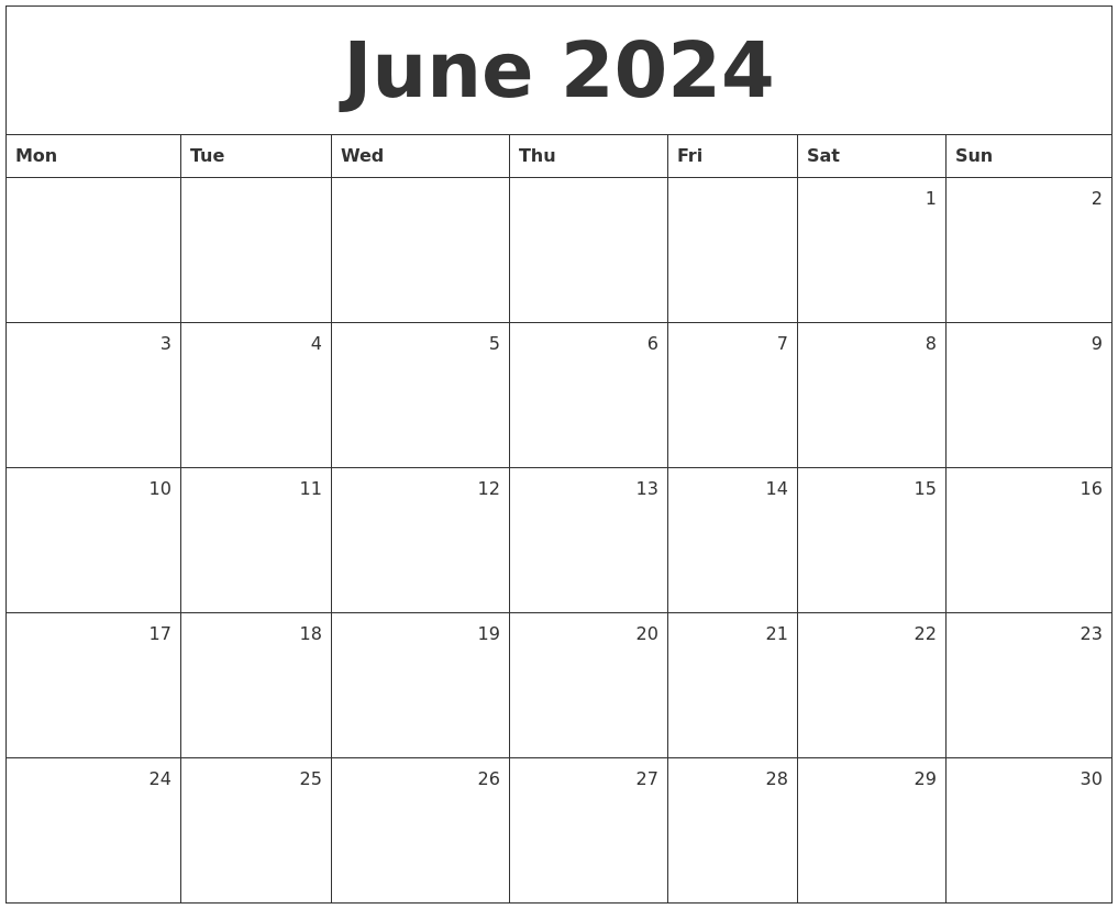 Printable Blank June 2024 Calendar Blank Printable