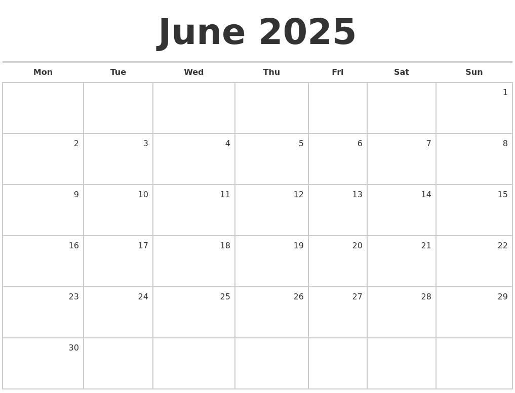 June 2025 Blank Monthly Calendar