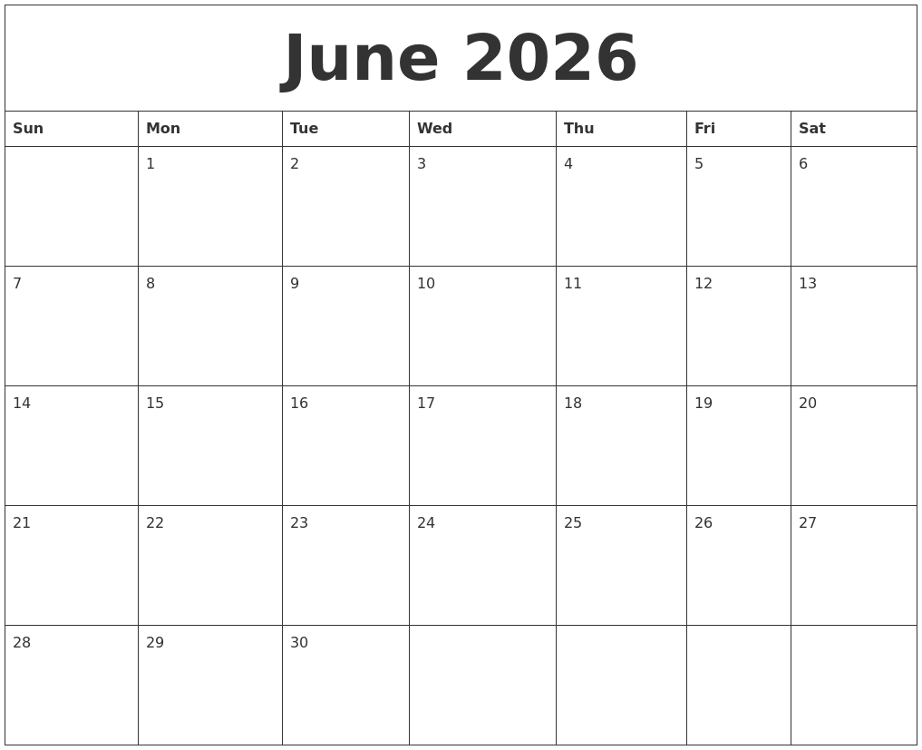 June 2026 Blank Calendar Printable