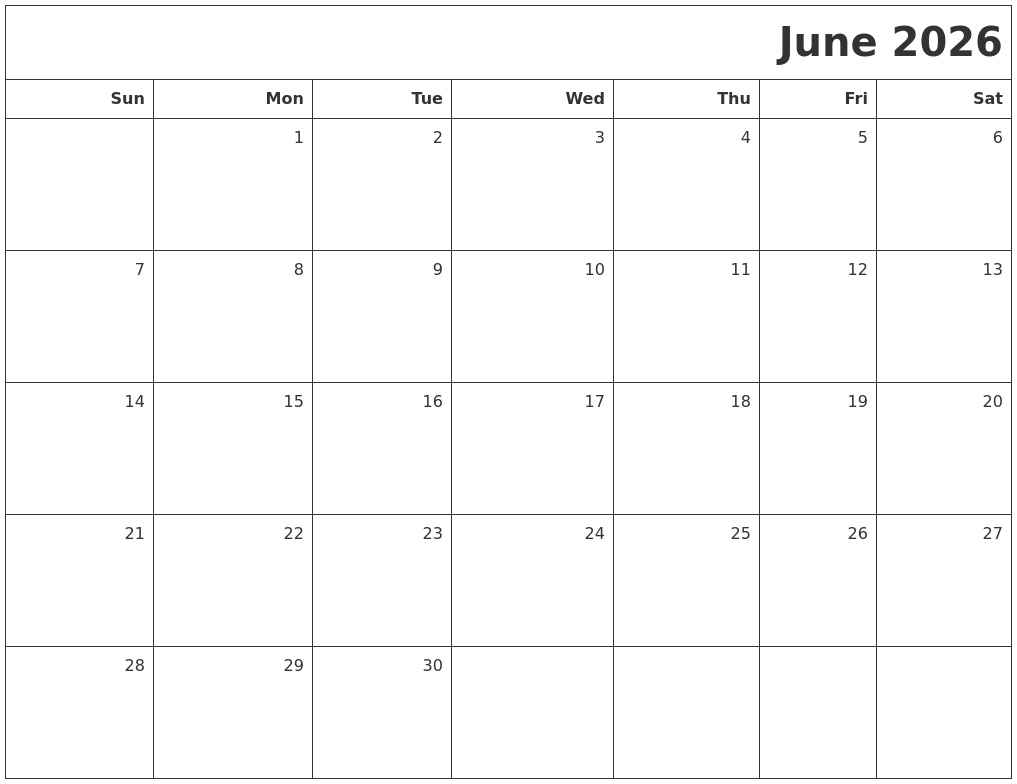 June 2026 Printable Blank Calendar