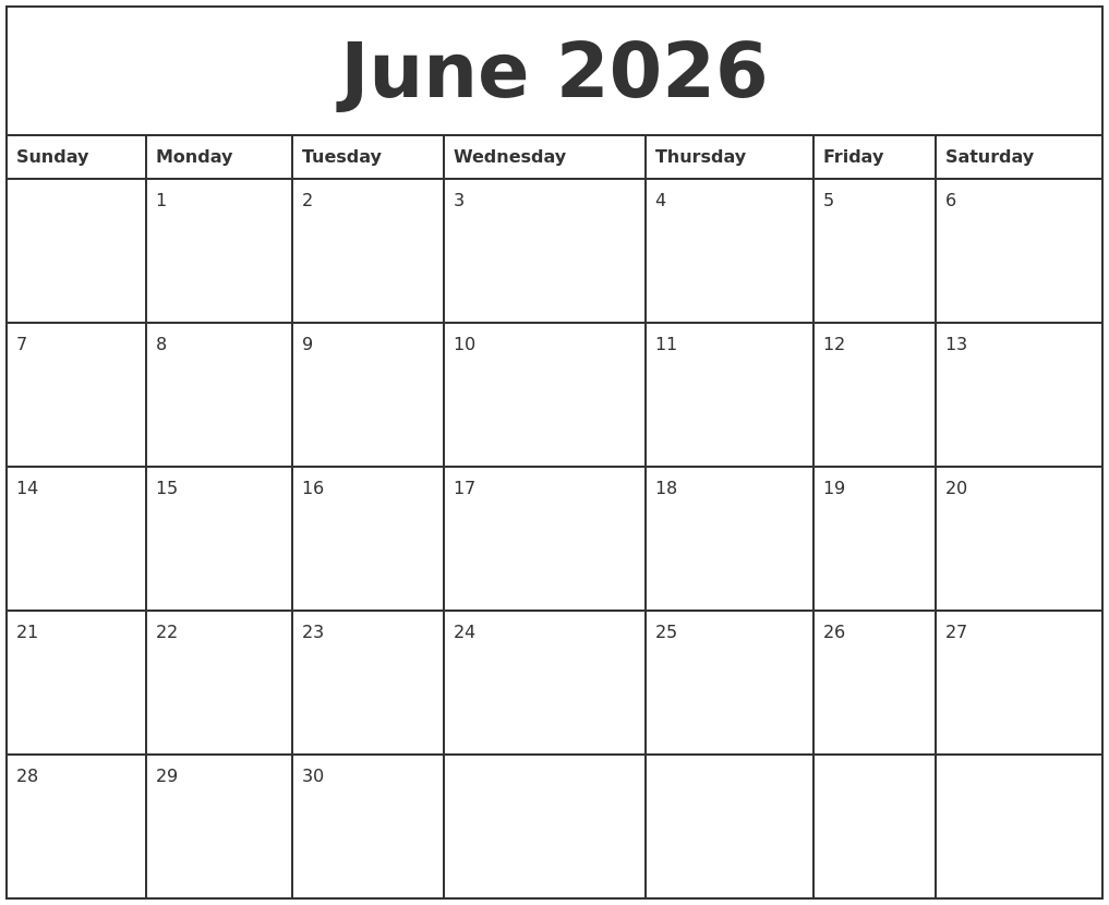 June 2026 Printable Monthly Calendar