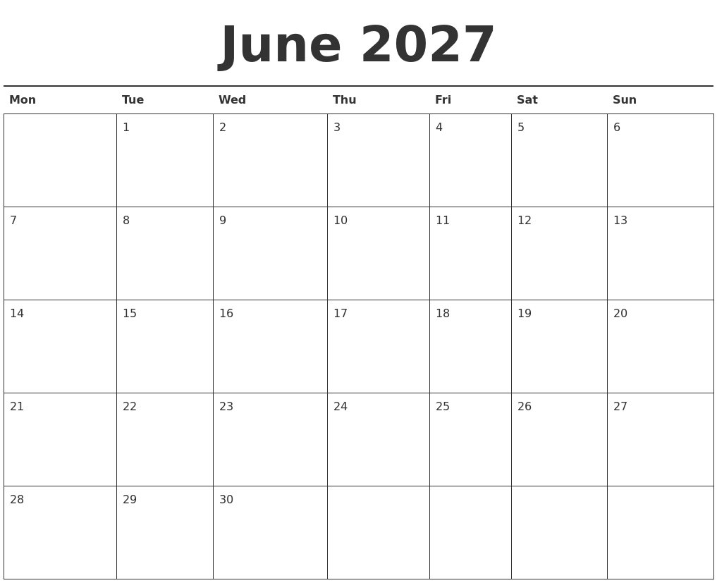 June 2027 Calendar Printable