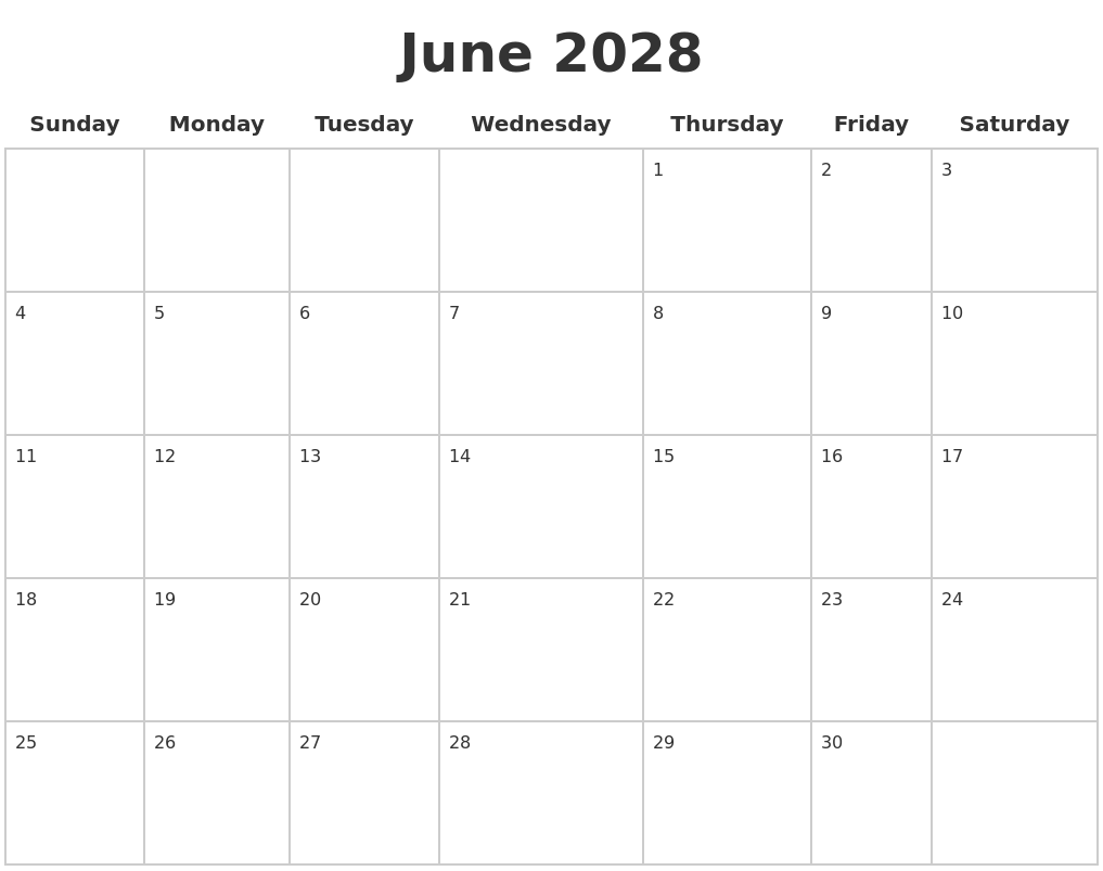 June 2028 Blank Calendar Pages