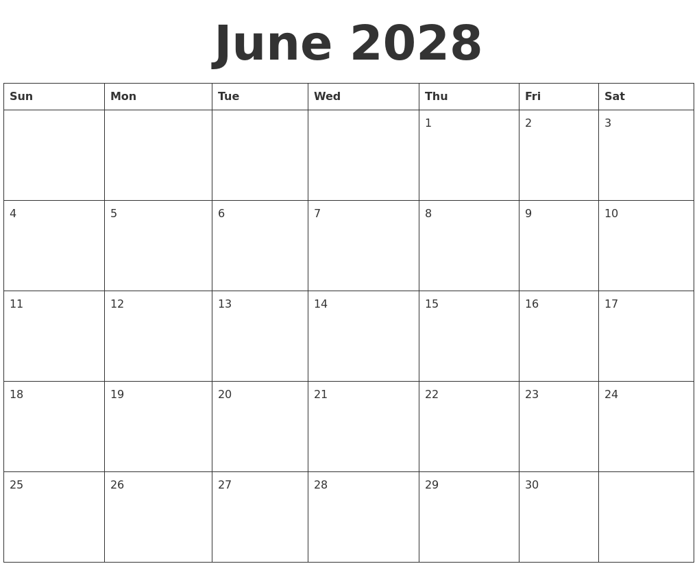 June 2028 Blank Calendar Template