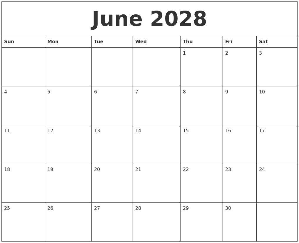 June 2028 Blank Calendar To Print