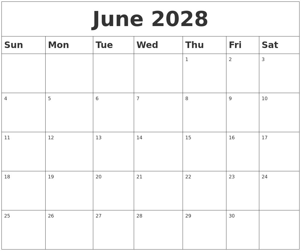June 2028 Blank Calendar