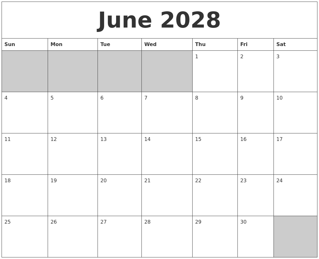 June 2028 Blank Printable Calendar