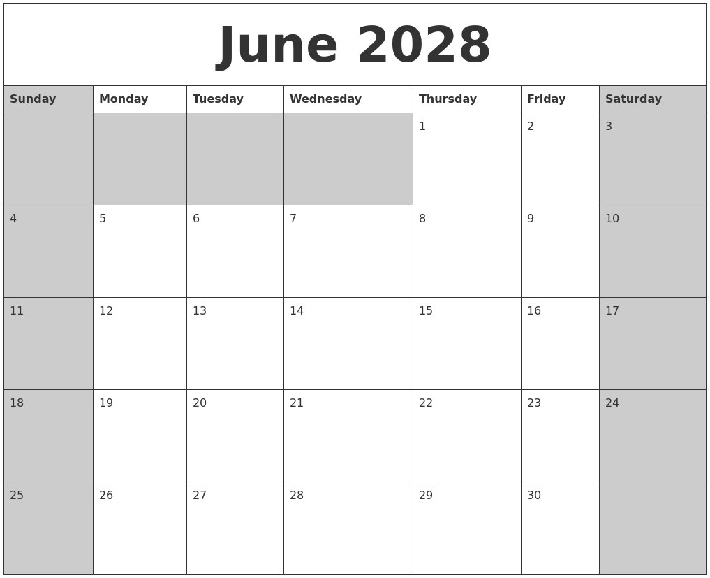 June 2028 Calanders