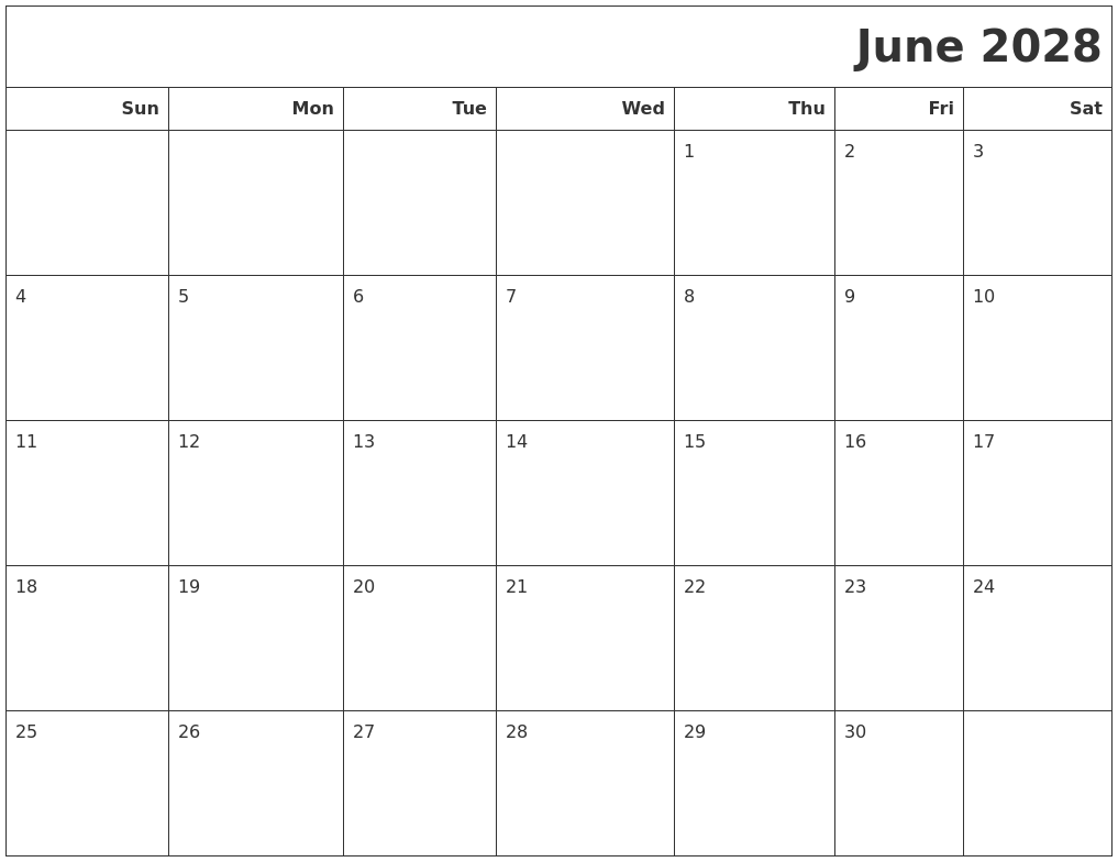 June 2028 Calendars To Print