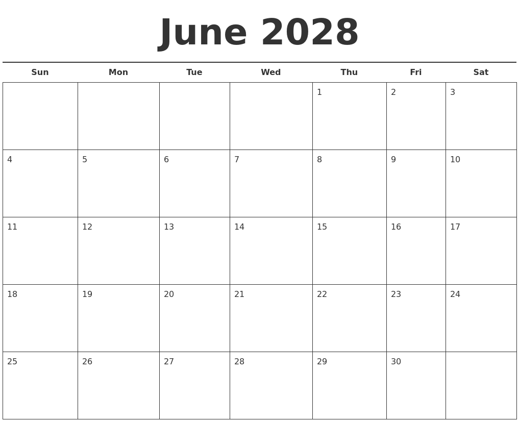 June 2028 Free Calendar Template