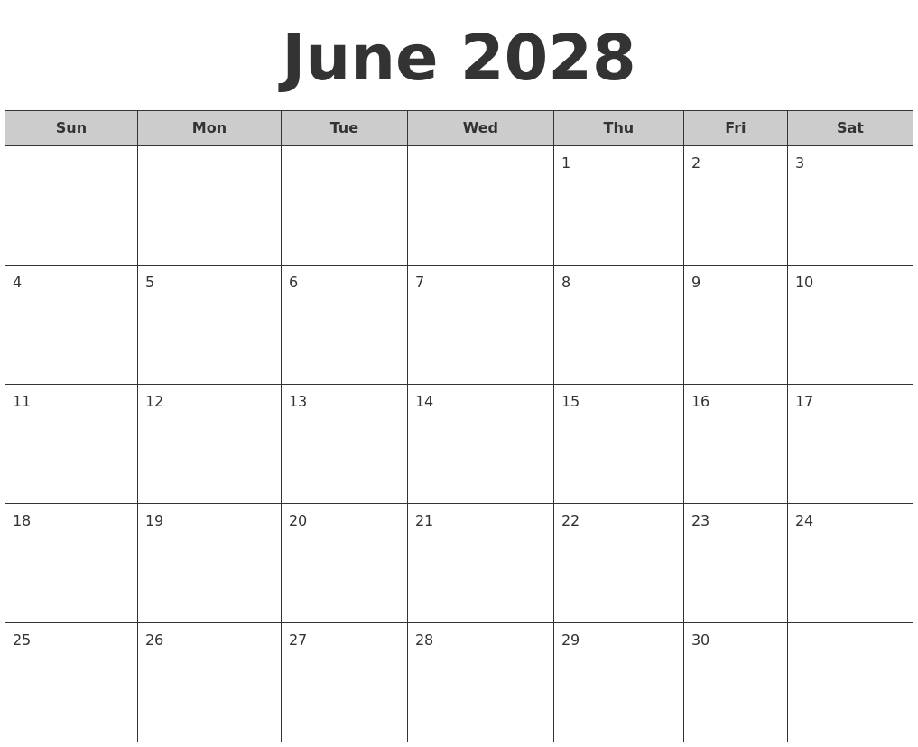 June 2028 Free Monthly Calendar