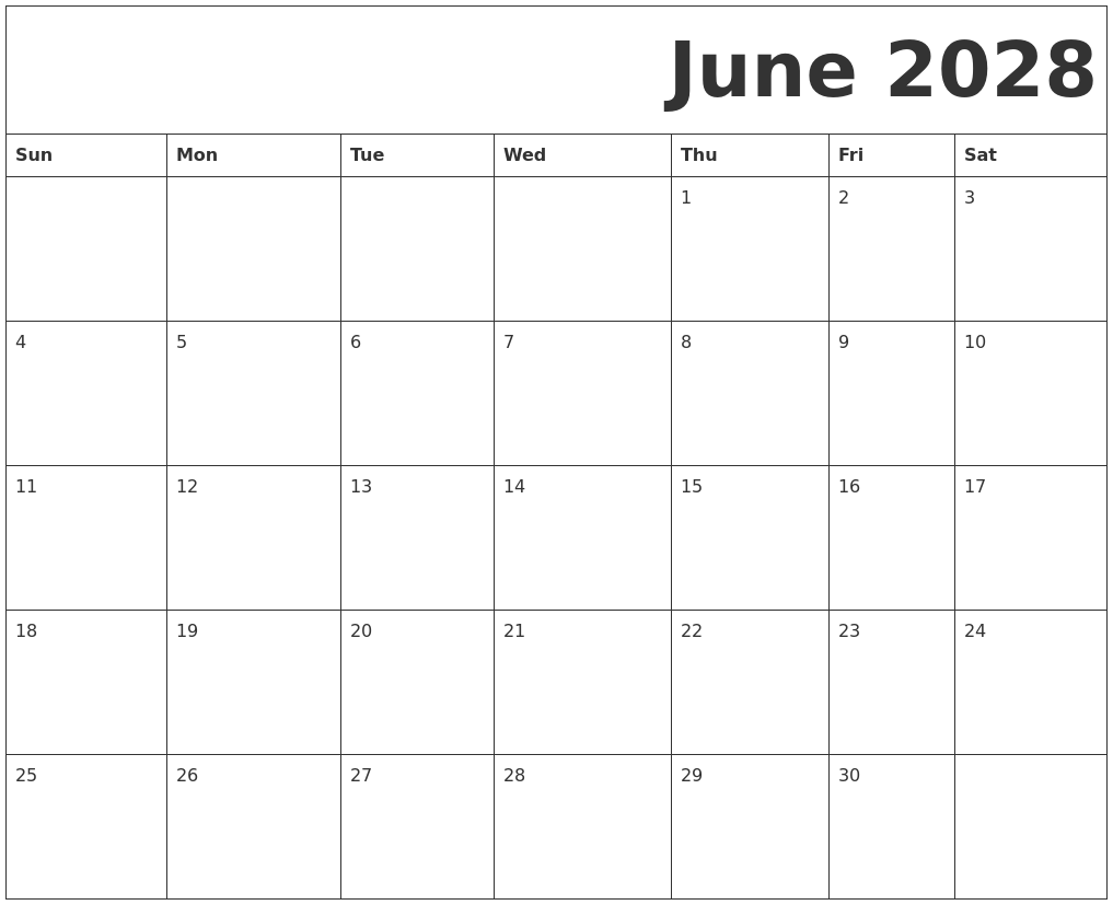 June 2028 Free Printable Calendar