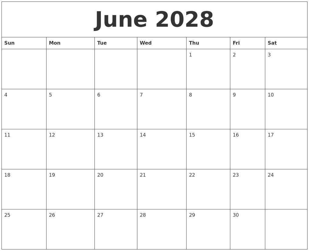 June 2028 Free Printable Monthly Calendar
